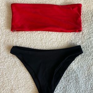 Red strapless bikini black bottoms size S